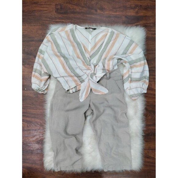 Zara Womens Striped Crop Top With V-Neck & Tie Front XS Linen Blend Made In Moro - Picture 7 of 13
